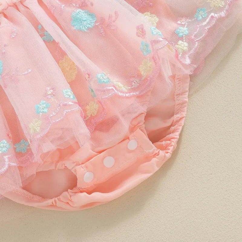 Baby Girl 2 Piece Summer Set, Flower Embroidery Fly Sleeve Mesh Romper Dress Bow Headband Infant Toddler Outfits