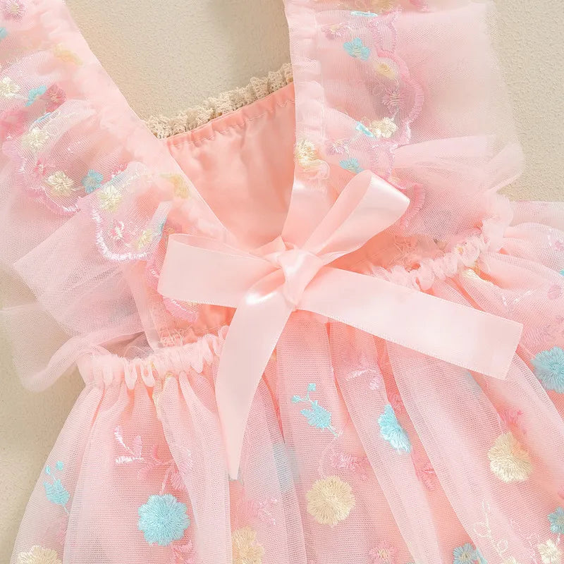 Baby Girl 2 Piece Summer Set, Flower Embroidery Fly Sleeve Mesh Romper Dress Bow Headband Infant Toddler Outfits