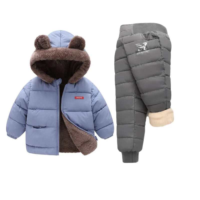 Baby Fleece Warm Clothing Sets Kids Parka Coats Cotton Pants 2Pcs Winter Hooded Thick Jackets Velvet Trousers Boys Girls Suits