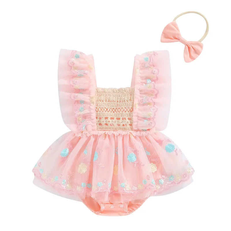 Baby Girl 2 Piece Summer Set, Flower Embroidery Fly Sleeve Mesh Romper Dress Bow Headband Infant Toddler Outfits