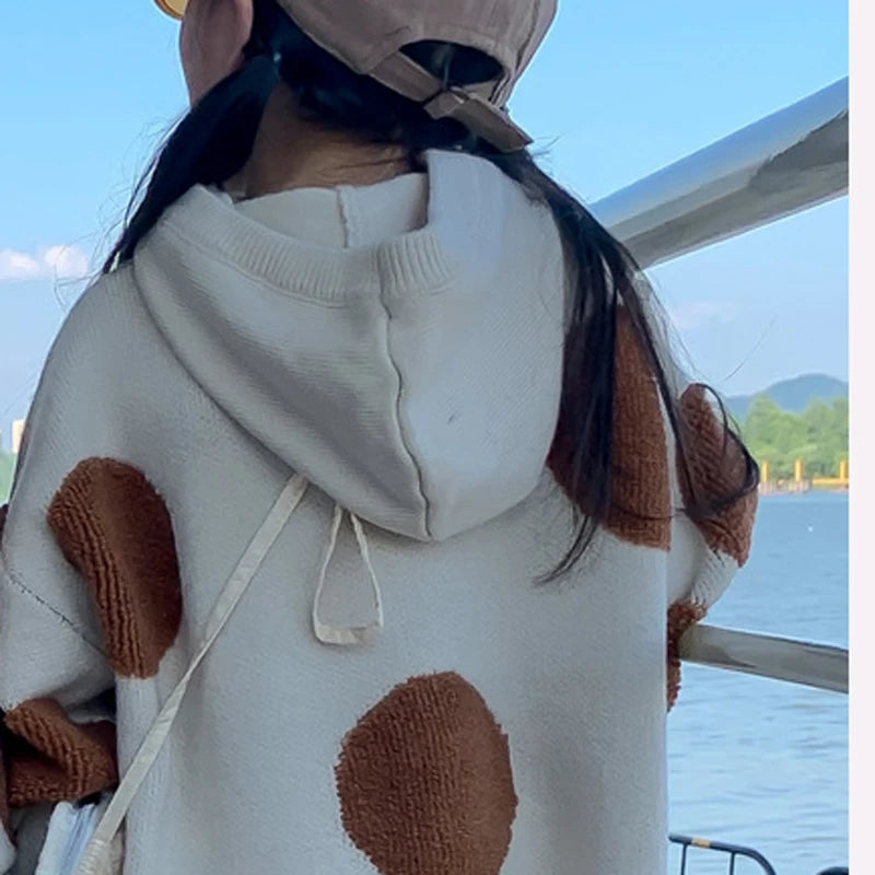 Children's Sweater Dress 2023 Autumn Fashion Versatile Polka Dot Sweater For Girls Fashion Kids Outfit Round Neck Hooded Knit Dr