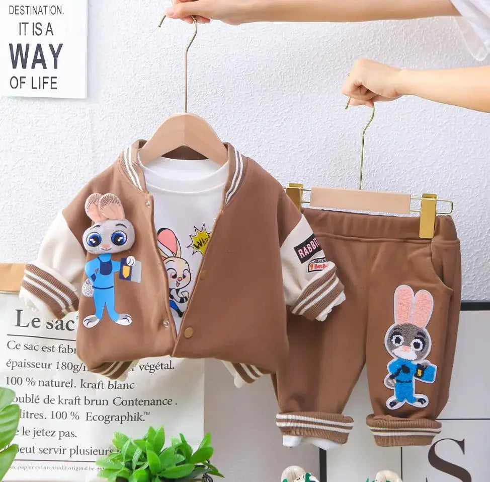 Boys Spring Autumn Tracksuits Korean Style Cartoon Patchwork Baseball Jackets+T-shirts+Pants 3PCS Sets Children Kids Clothing