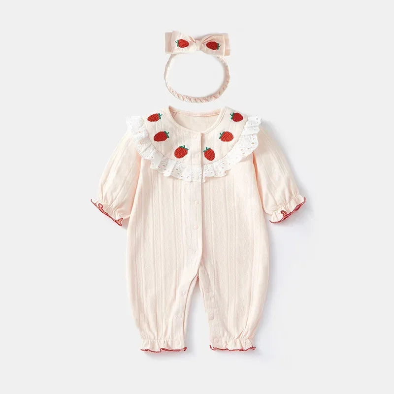 2024 Sweet Strawberry Embroidery Outfit Cute Fashion Toddler Kids Clothing Lace Design Long Sleeves Matching Baby Girls Rompers