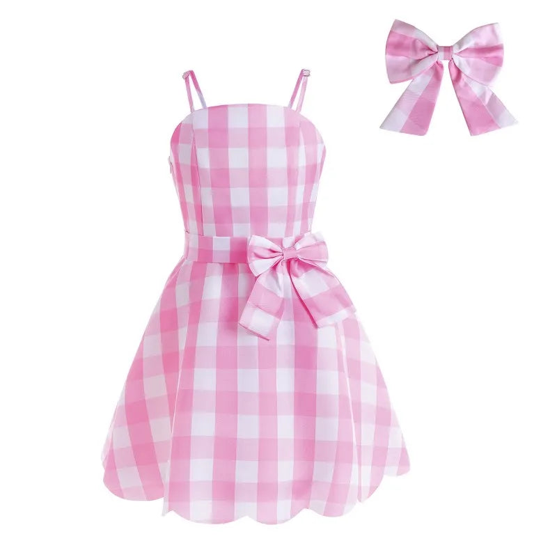 2023 Hot Movie Barbie Costume For Kids Girls Cosplay Pink Plaid Dress Halloween Girl Dress Up Carnival Party Clothes 2-10 Years