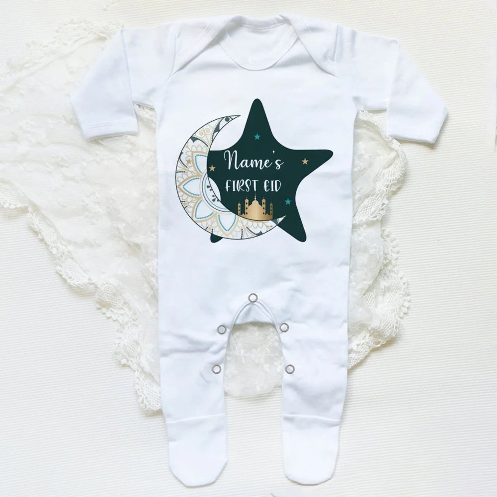 Personalized Eid Baby Romper Custom Name Infant Long Sleeve Sleepsuit Eid Ramadan Newborn Outfit Islamic Muslim Holiday Clothes