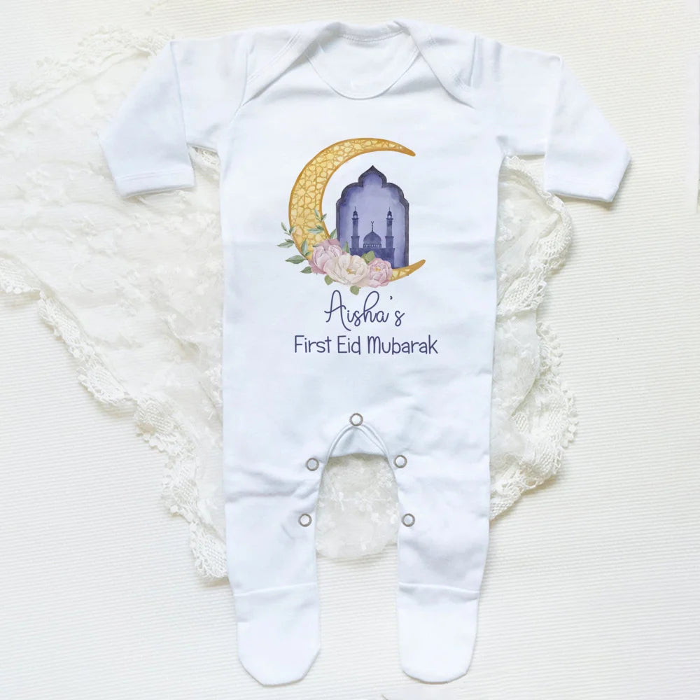Personalized Eid Baby Romper Custom Name Infant Long Sleeve Sleepsuit Eid Ramadan Newborn Outfit Islamic Muslim Holiday Clothes