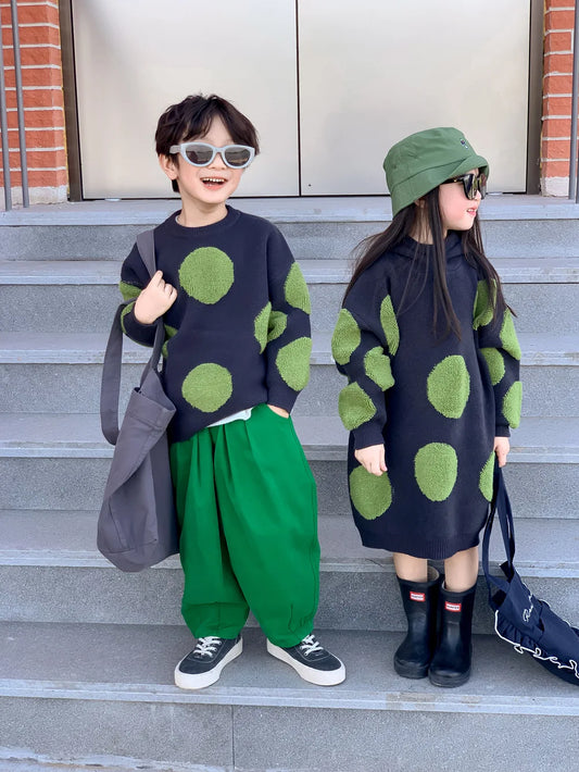 Children's Sweater Dress 2023 Autumn Fashion Versatile Polka Dot Sweater For Girls Fashion Kids Outfit Round Neck Hooded Knit Dr