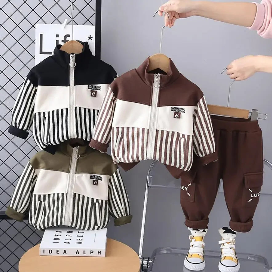 Kids Boys Tracksuits Sets Spring Autunmn Baby Clothes Patchwork Stripe Casual Zipper Jackets And Pants Children Clothing Suits