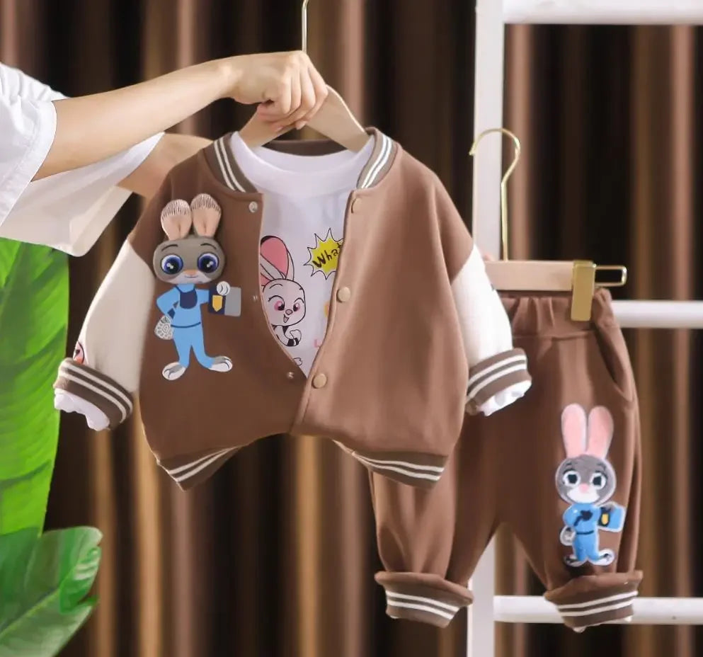 Boys Spring Autumn Tracksuits Korean Style Cartoon Patchwork Baseball Jackets+T-shirts+Pants 3PCS Sets Children Kids Clothing