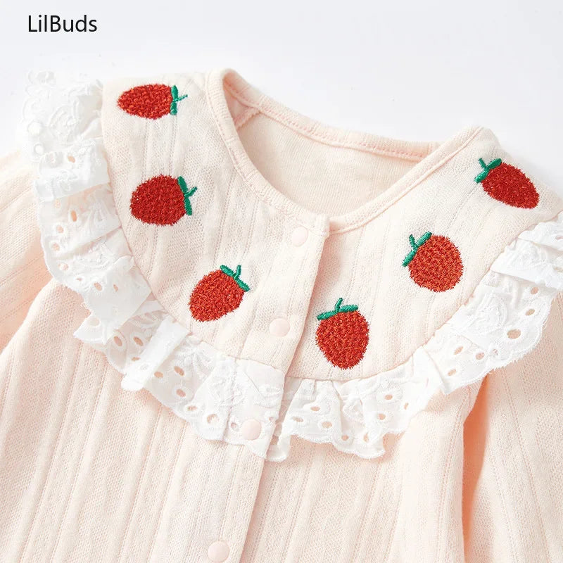 2024 Sweet Strawberry Embroidery Outfit Cute Fashion Toddler Kids Clothing Lace Design Long Sleeves Matching Baby Girls Rompers