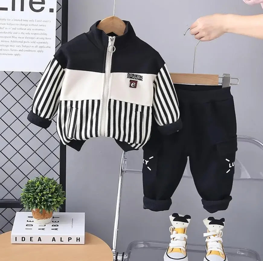 Kids Boys Tracksuits Sets Spring Autunmn Baby Clothes Patchwork Stripe Casual Zipper Jackets And Pants Children Clothing Suits