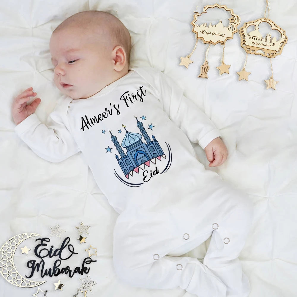 Personalized Eid Baby Romper Custom Name Infant Long Sleeve Sleepsuit Eid Ramadan Newborn Outfit Islamic Muslim Holiday Clothes