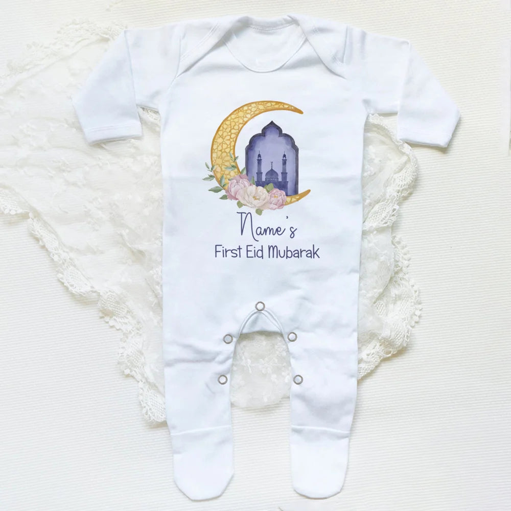 Personalized Eid Baby Romper Custom Name Infant Long Sleeve Sleepsuit Eid Ramadan Newborn Outfit Islamic Muslim Holiday Clothes