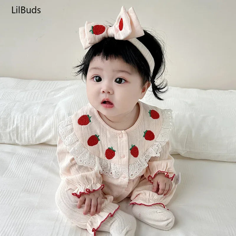 2024 Sweet Strawberry Embroidery Outfit Cute Fashion Toddler Kids Clothing Lace Design Long Sleeves Matching Baby Girls Rompers