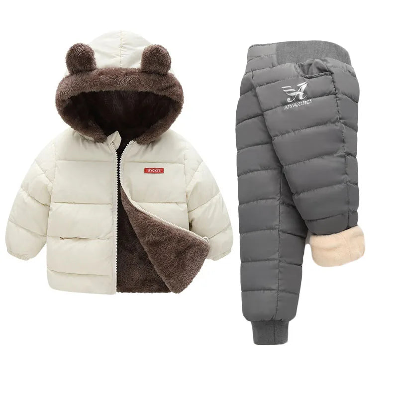 Baby Fleece Warm Clothing Sets Kids Parka Coats Cotton Pants 2Pcs Winter Hooded Thick Jackets Velvet Trousers Boys Girls Suits