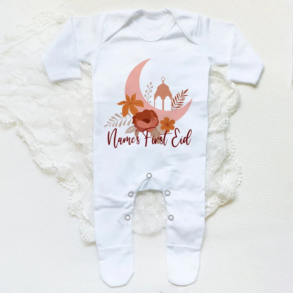 Personalized Eid Baby Romper Custom Name Infant Long Sleeve Sleepsuit Eid Ramadan Newborn Outfit Islamic Muslim Holiday Clothes