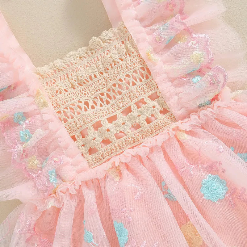 Baby Girl 2 Piece Summer Set, Flower Embroidery Fly Sleeve Mesh Romper Dress Bow Headband Infant Toddler Outfits