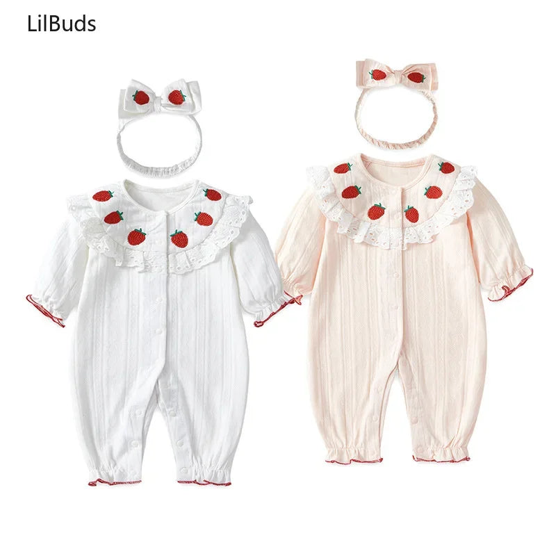 2024 Sweet Strawberry Embroidery Outfit Cute Fashion Toddler Kids Clothing Lace Design Long Sleeves Matching Baby Girls Rompers
