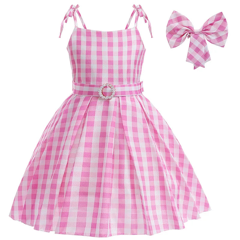 2023 Hot Movie Barbie Costume For Kids Girls Cosplay Pink Plaid Dress Halloween Girl Dress Up Carnival Party Clothes 2-10 Years