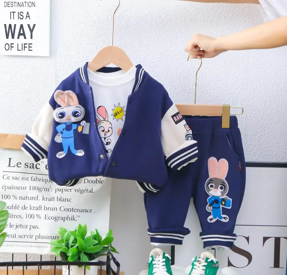 Boys Spring Autumn Tracksuits Korean Style Cartoon Patchwork Baseball Jackets+T-shirts+Pants 3PCS Sets Children Kids Clothing