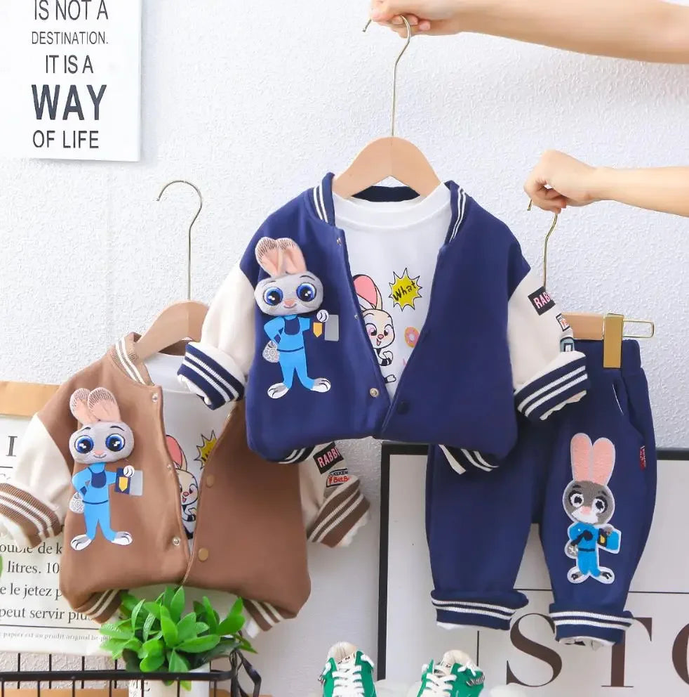 Boys Spring Autumn Tracksuits Korean Style Cartoon Patchwork Baseball Jackets+T-shirts+Pants 3PCS Sets Children Kids Clothing