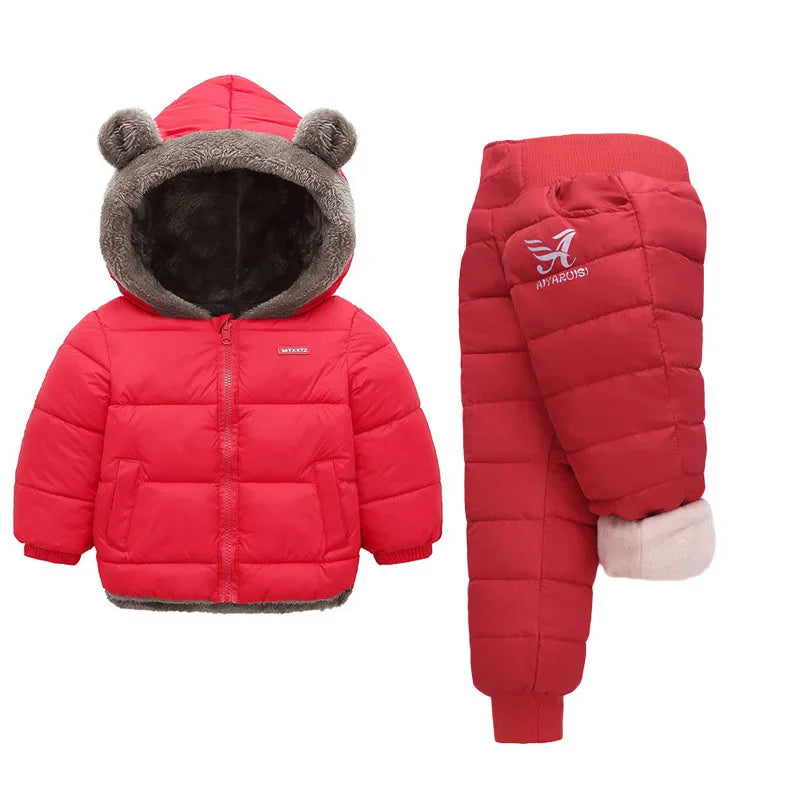 Baby Fleece Warm Clothing Sets Kids Parka Coats Cotton Pants 2Pcs Winter Hooded Thick Jackets Velvet Trousers Boys Girls Suits
