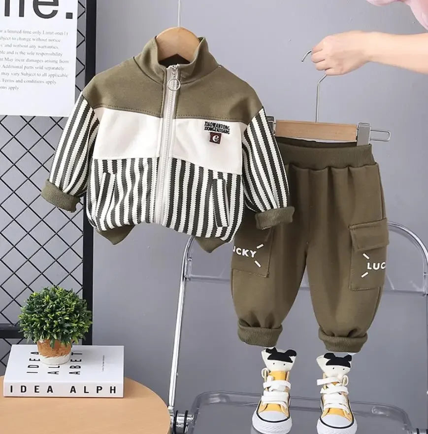 Kids Boys Tracksuits Sets Spring Autunmn Baby Clothes Patchwork Stripe Casual Zipper Jackets And Pants Children Clothing Suits