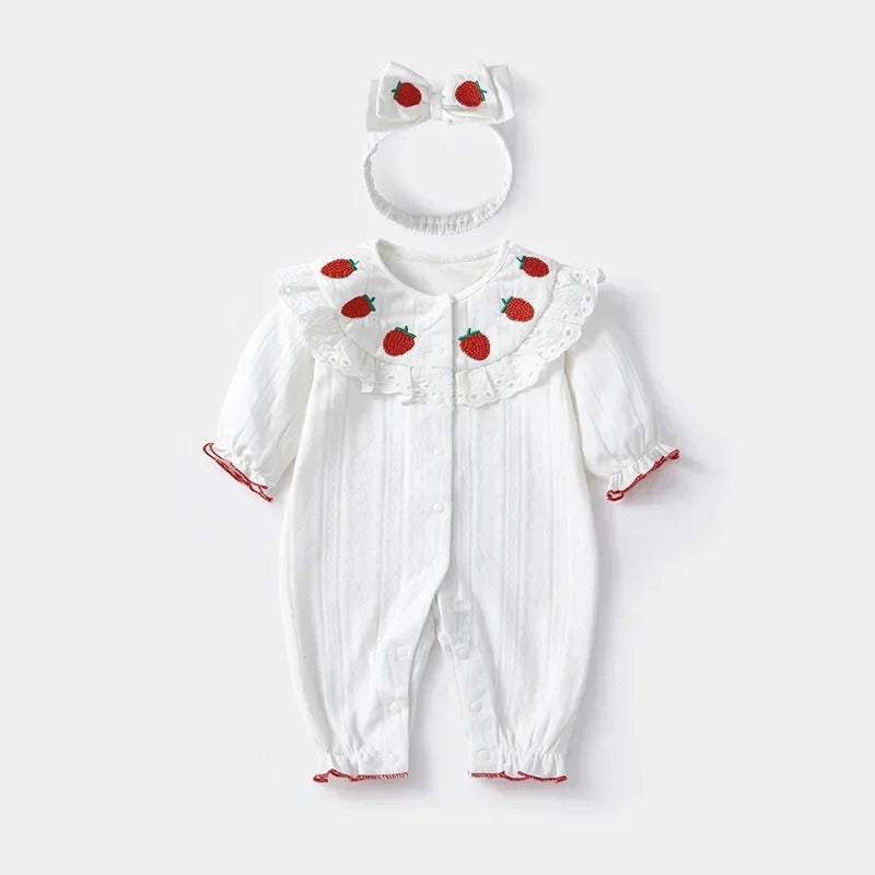 2024 Sweet Strawberry Embroidery Outfit Cute Fashion Toddler Kids Clothing Lace Design Long Sleeves Matching Baby Girls Rompers