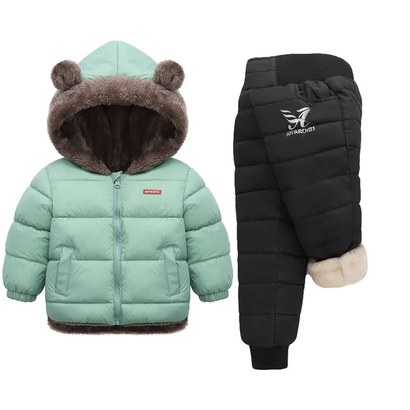 Baby Fleece Warm Clothing Sets Kids Parka Coats Cotton Pants 2Pcs Winter Hooded Thick Jackets Velvet Trousers Boys Girls Suits