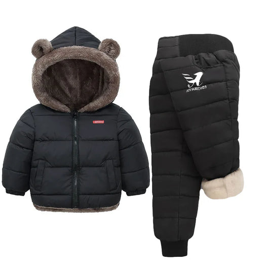 Baby Fleece Warm Clothing Sets Kids Parka Coats Cotton Pants 2Pcs Winter Hooded Thick Jackets Velvet Trousers Boys Girls Suits