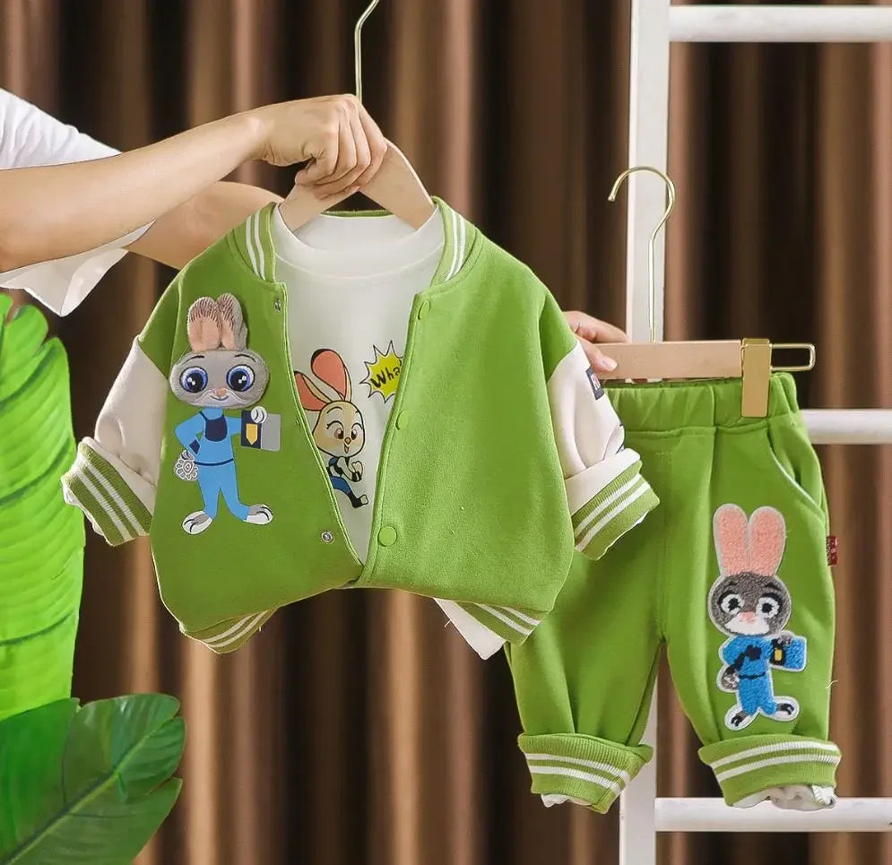 Boys Spring Autumn Tracksuits Korean Style Cartoon Patchwork Baseball Jackets+T-shirts+Pants 3PCS Sets Children Kids Clothing