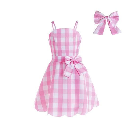 2023 Hot Movie Barbie Costume For Kids Girls Cosplay Pink Plaid Dress Halloween Girl Dress Up Carnival Party Clothes 2-10 Years