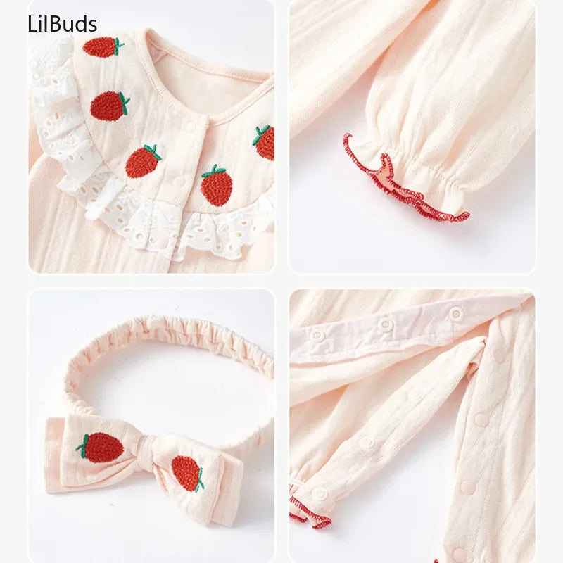 2024 Sweet Strawberry Embroidery Outfit Cute Fashion Toddler Kids Clothing Lace Design Long Sleeves Matching Baby Girls Rompers