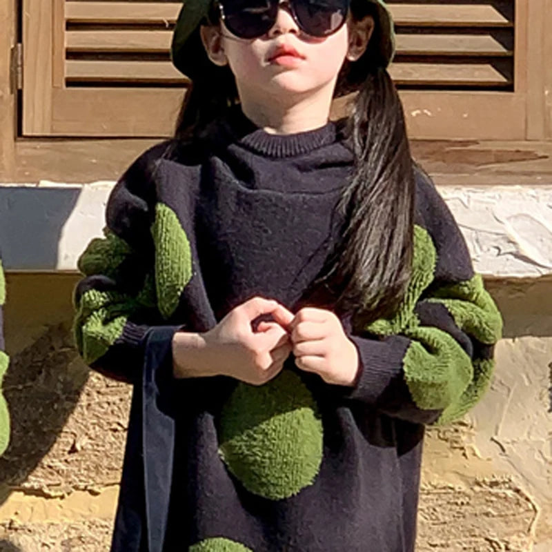 Children's Sweater Dress 2023 Autumn Fashion Versatile Polka Dot Sweater For Girls Fashion Kids Outfit Round Neck Hooded Knit Dr