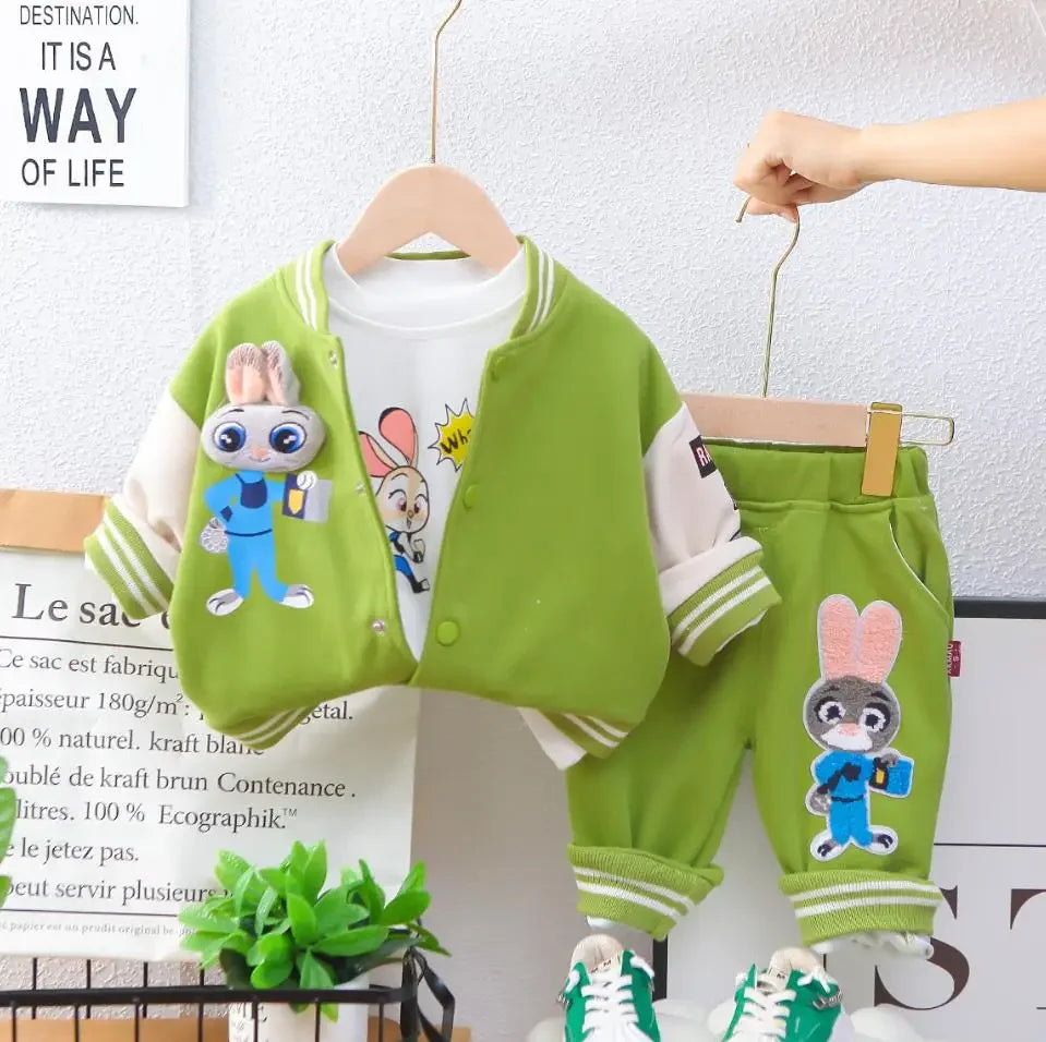 Boys Spring Autumn Tracksuits Korean Style Cartoon Patchwork Baseball Jackets+T-shirts+Pants 3PCS Sets Children Kids Clothing
