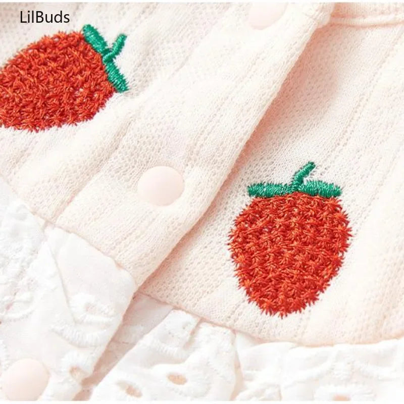 2024 Sweet Strawberry Embroidery Outfit Cute Fashion Toddler Kids Clothing Lace Design Long Sleeves Matching Baby Girls Rompers