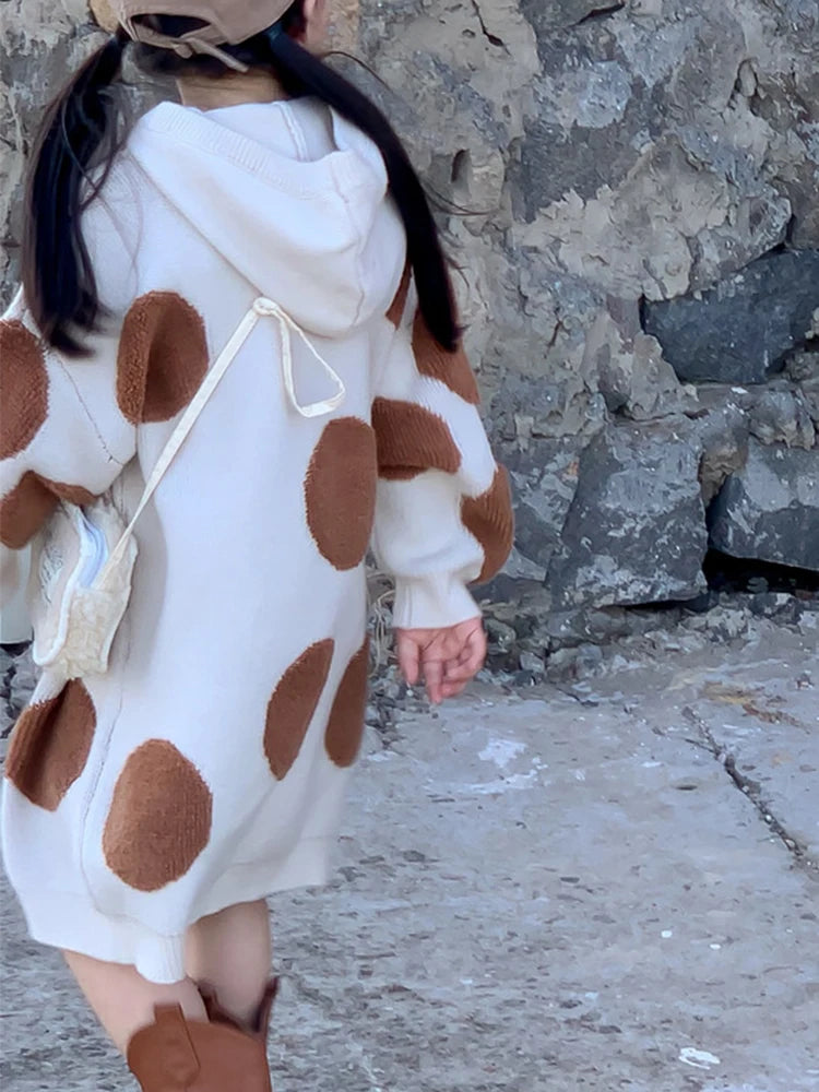 Children's Sweater Dress 2023 Autumn Fashion Versatile Polka Dot Sweater For Girls Fashion Kids Outfit Round Neck Hooded Knit Dr
